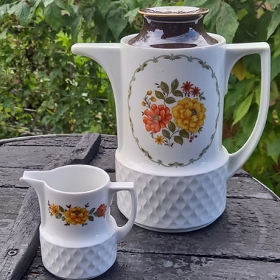 Vintage theepot en melkkannetje met bloemmotief