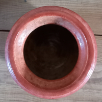 Vintage bloempot/vaas met rood roze glazuur