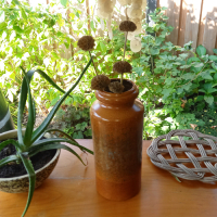 Vintage Vaas W. Germany in bruintinten en groen blauwe spots