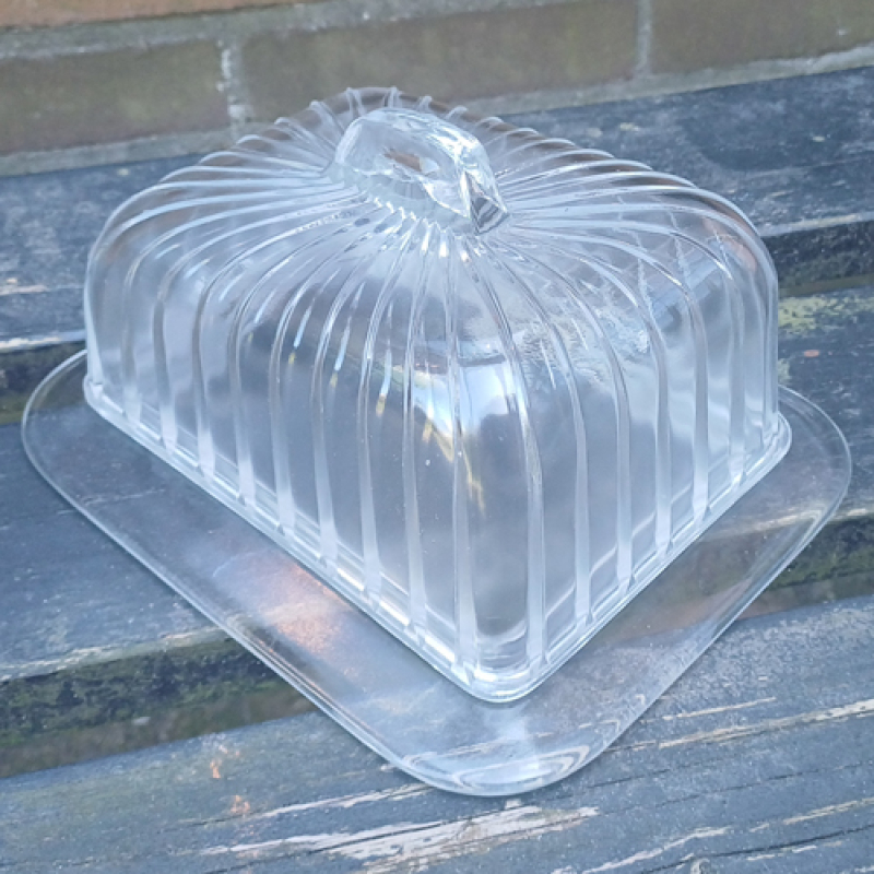 Glazen kaasstolp met streepjes en handvat